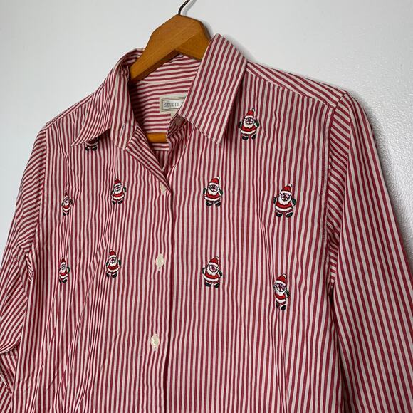 Vintage 90s women's red white striped embroidered Santa long sleeve shirt US 8 - Picture 3 of 10